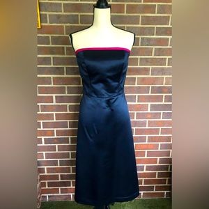 Bill Levkoff Strapless Midi Navy Satin with Hot Pink Trim Sz 10 Vintage 90’s